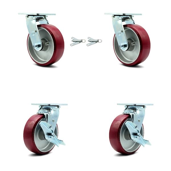 6 Inch Poly on Aluminum Caster Set with Ball Bearings 2 Swivel Lock 2 Brake SCC